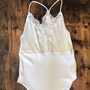 Ribbed White Lace Bodysuit